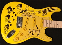 The Beatles: Ron Campbell Hand Drawn & Signed Yellow Submarine Sketch Guitar (Beckett/BAS)