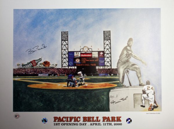 Willie Mays & Barry Bonds Signed 16" x 20" Lithograph (Player Holos)