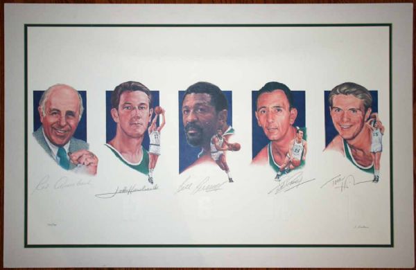 Celtics Legends Auerbach, Russell, Havlicek, Cousy & Heinsohn Signed & Framed Lithograph (PSA & JSA COAs)
