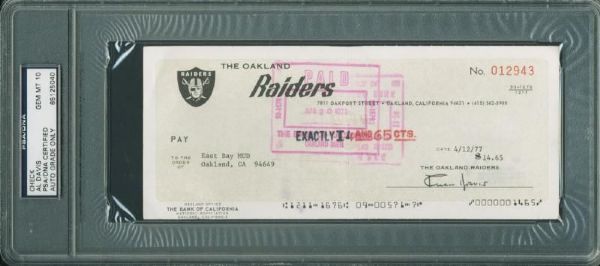 Al Davis Signed Oakland Raiders Business Bank Check (1977) - PSA/DNA Graded GEM MINT 10!