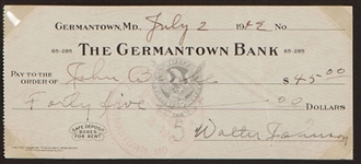 Walter Johnson Signed & Hand Written 1943Personal Bank Check (PSA/JSA Guaranteed)