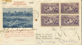 Baseball Immortals Signed Baseball Centennial Postal Cover w/ Young, Johnson, Cobb, Alexander, Mantle & Aaron (PSA/DNA)