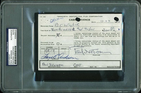 Paul Newman Rare Signed Vintage 1968 20th Century Fox Cash Advance Document (PSA/DNA Encapsulated)