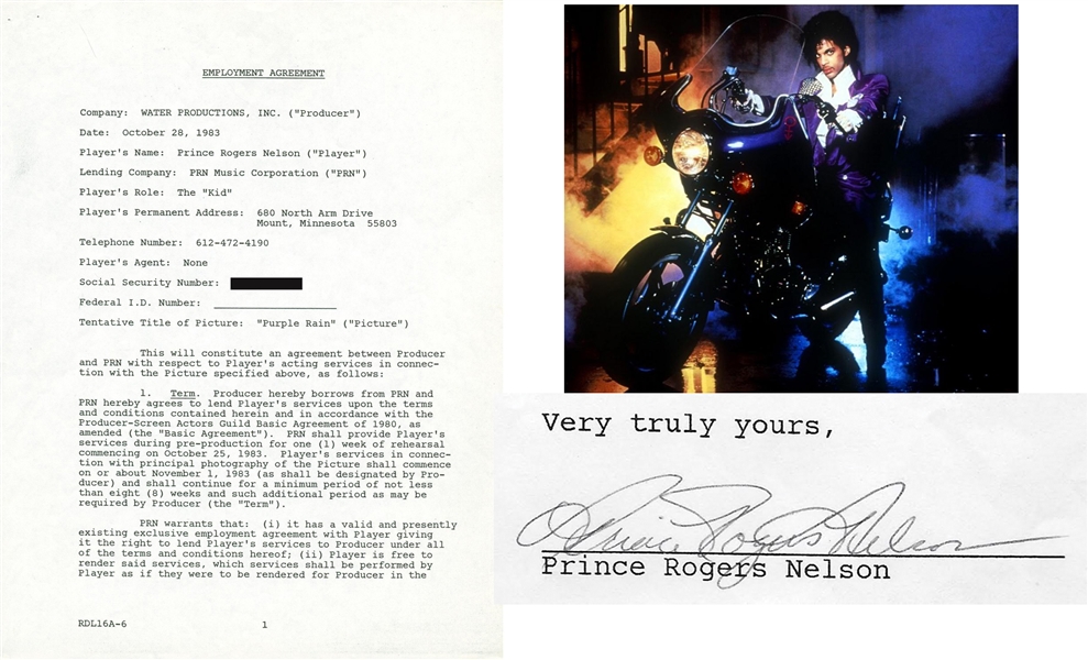 PRINCE: Prince Signed 1983 Production Contract For The Legendary "Purple Rain" Movie! (PSA/DNA)