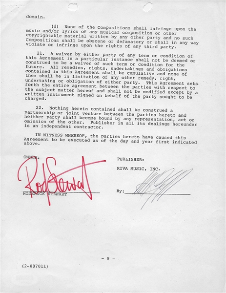 Rod Stewart Signed 12-Page Publishing Agreement with References to Stewarts Hit Songs! (PSA/DNA)
