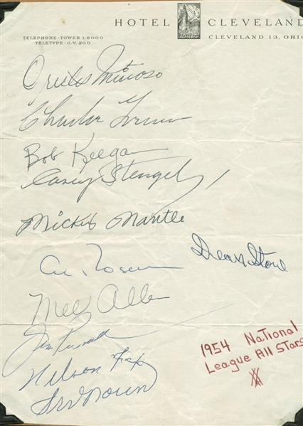 1954 MLB All-Stars Multi-Signed 6" x 8" Album Page w/ Mantle, Stengel, Fox & Others! (JSA)
