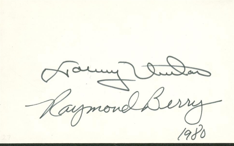 Johnny Unitas & Raymond Berry Dual Signed 3x5 Index Card (PSA/JSA Guaranteed)