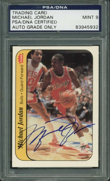 Michael Jordan Signed 1986 Fleer Sticker Rookie Card PSA/DNA Graded MINT 9 & Upper Deck
