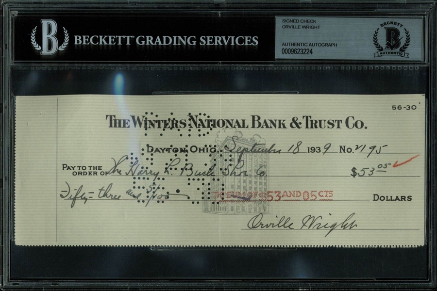 Orville Wright Superb Signed 1939 Bank Check (BAS/Beckett Encapsulated)