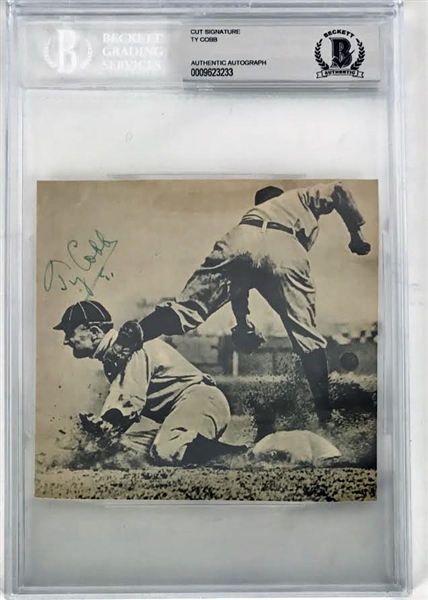 Ty Cobb Signed 5" x 5" Charles Conlon Newspaper Photograph (BAS/Beckett Encapsulated)