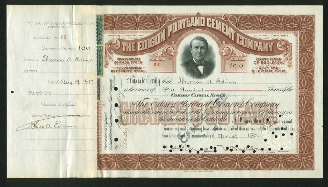Thomas Edison Signed Edison Portland Cement Company Stock Certificate (BAS/Beckett)