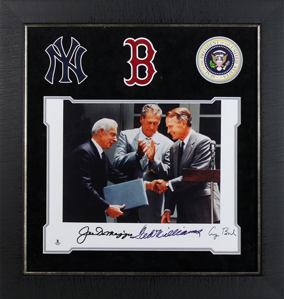 George H.W. Bush, Ted Williams and Joe DiMaggio Signed 11" x 14" Photo in Custom Framed Display (BAS/Beckett)
