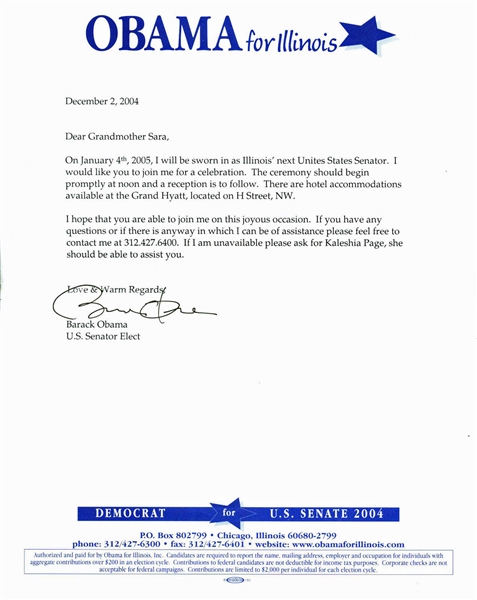 President Obama One-of-a-Kind Typed & Signed 2004 Letter to His Grandmother (BAS/Beckett)