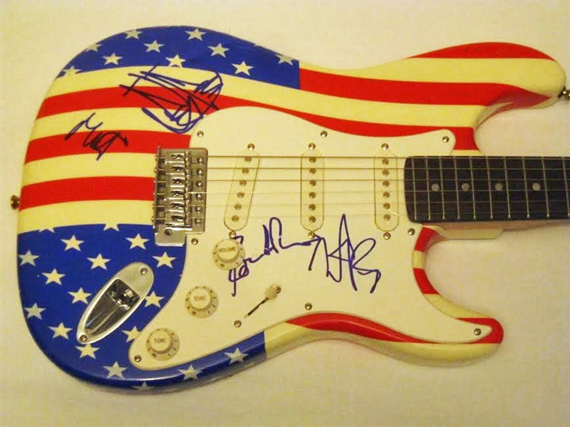 The Rolling Stones Awesome Group Signed Strat Style American Flag Guitar (Beckett/BAS)