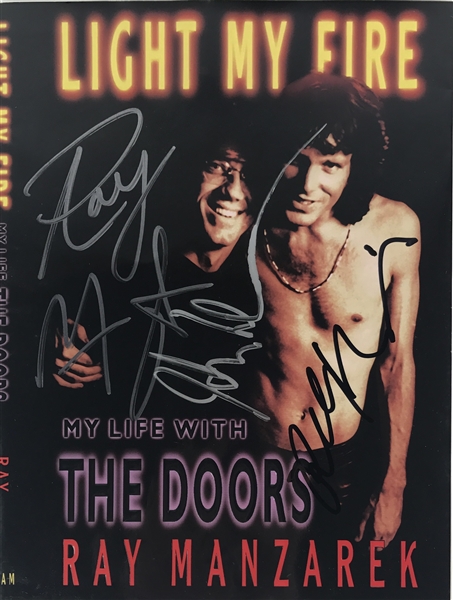 The Doors Autograph Lot with Group Signed Book Cover & Krieger Signed 11" x 14" Diltz Photo (Beckett/BAS Guaranteed)