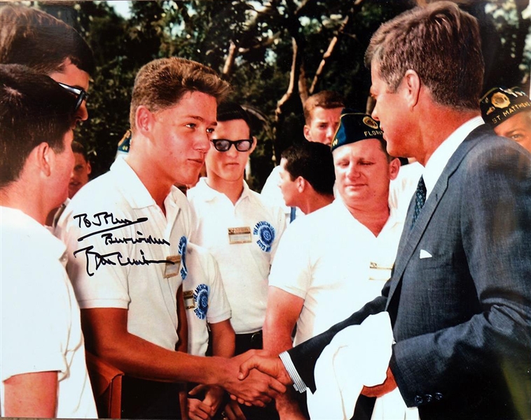 President Bill Clinton Beautiful Signed 11" x 14" Color Photo of 1963 Meeting with John F. Kennedy--Uniquely Inscribed "To John"!! (Beckett/BAS LOA)