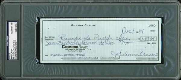 Madonna Ultra-Rare Handwritten & Signed Bank Check from 1984 - PSA/DNA Graded GEM MINT 10
