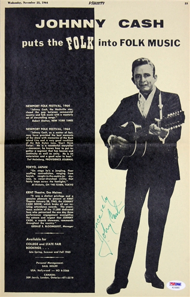 Johnny Cash Rare Signed Variety Magazine Promotional Poster (PSA/DNA)