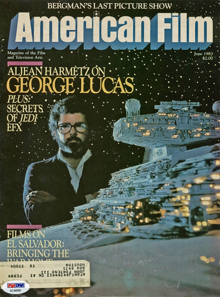 Star Wars: George Lucas Rare Vintage Signed American Film Magazine Cover w/ "May The Force Be With You" Inscription! (PSA/DNA)