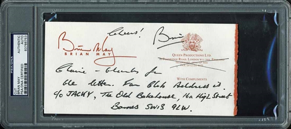 Queen: Brian May Rare Hand-Written & Signed Note (PSA/DNA Encapsulated)
