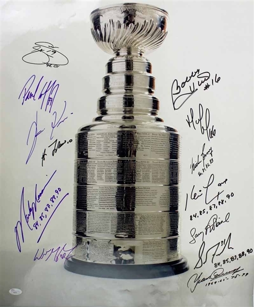 Impressive 20" x 24" Stanley Cup Signed & Inscribed Photo w/ Gretzky, Lemieux, Messier & Others (JSA)