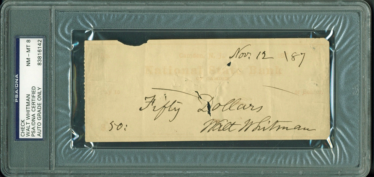 Walt Whitman Impressive Signed Bank Check Graded NM-8 (PSA/DNA)