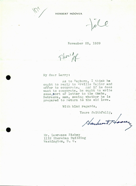 President Herbert Hoover Signed 1939 Typed 4" x 7" Letter (PSA/DNA)
