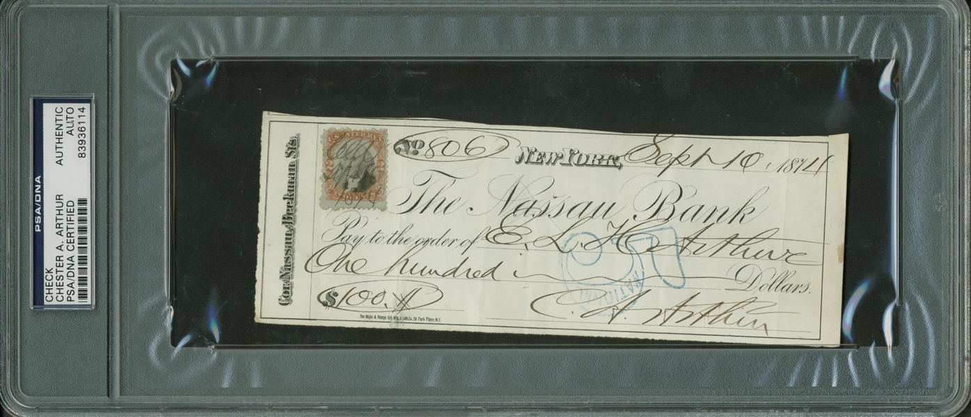 President Chester A. Arthur Signed 1874 Check (PSA/DNA Encapsulated)