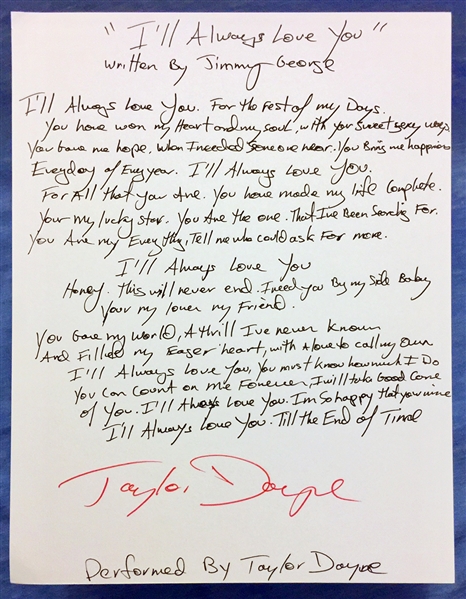 Taylor Dayne RARE Handwritten & Signed Lyrics to "Ill Always Love You" (Beckett/BAS Guaranteed)