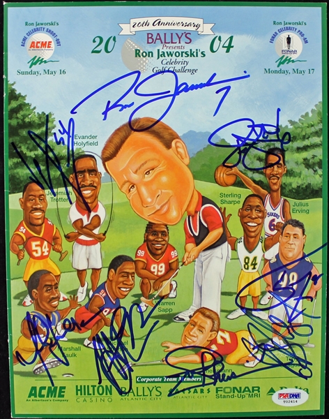 Ron Jaworskis 2004 Mult-Signed Golf Tournament Cover w/Jaws, Erving, Thesmann, Faulk & Others (PSA/DNA)