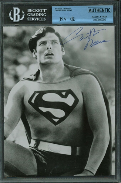 Christopher Reeves Rare Signed 8" x 6" Black & White Superman Photograph (Beckett/JSA Encapsulated)