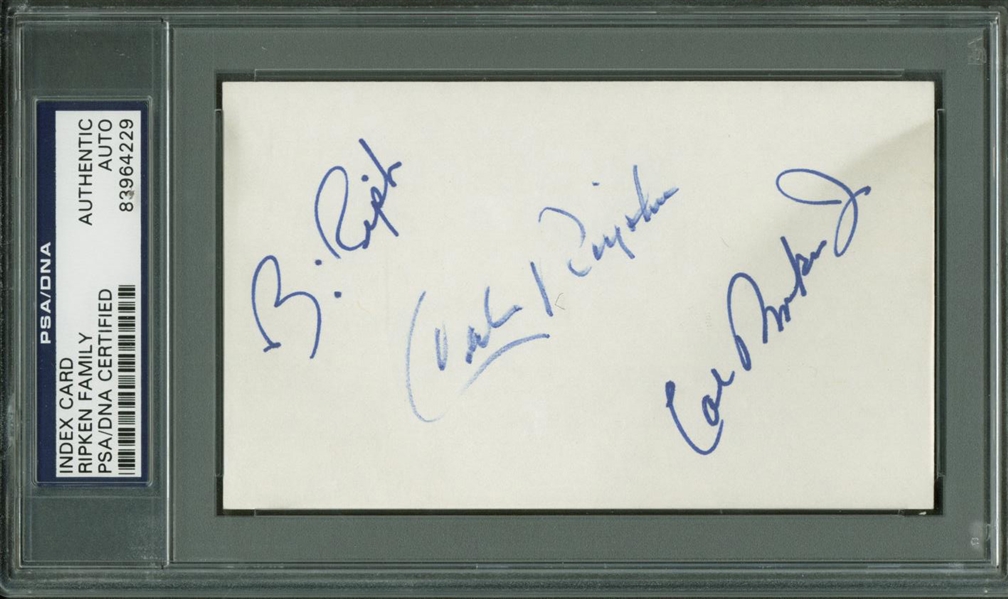 Ripken Family: Bill, Cal Jr. & Cal Ripken Sr. Multi-Signed 3" x 5" Index Card (PSA/DNA Encapsulated)
