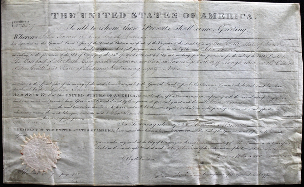 President James Monroe Signed 1823 Land Grant (BAS/Beckett)