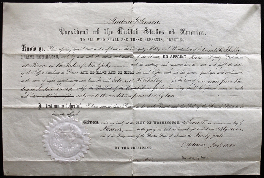 President Andrew Johnson Signed 1867 Postmaster Appointment Document (BAS/Beckett)
