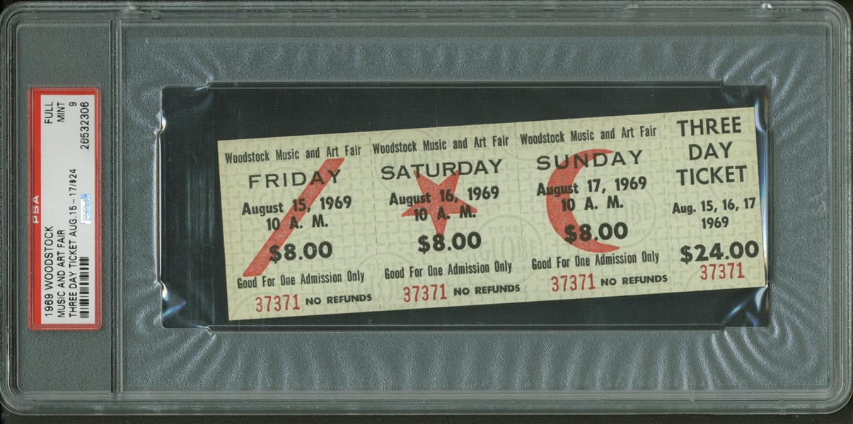 Woodstock: Desirable Original 3-Day Ticket (Aug. 15-17, 1969) PSA Graded MINT 9!