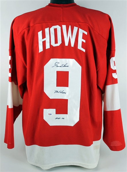 Gordie Howe Signed Red Wings Red Jersey w/ "Mr. Hockey HOF 72" Inscription (PSA/DNA)