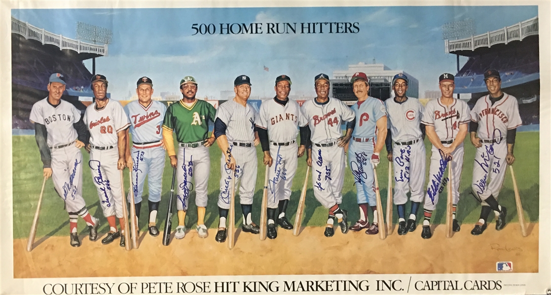 500 Home Run Club Signed Ron Lewis Art Poster (11 Sigs) w/Mantle, Williams, etc & Hand Written Home-Run Totals! (PSA/DNA)
