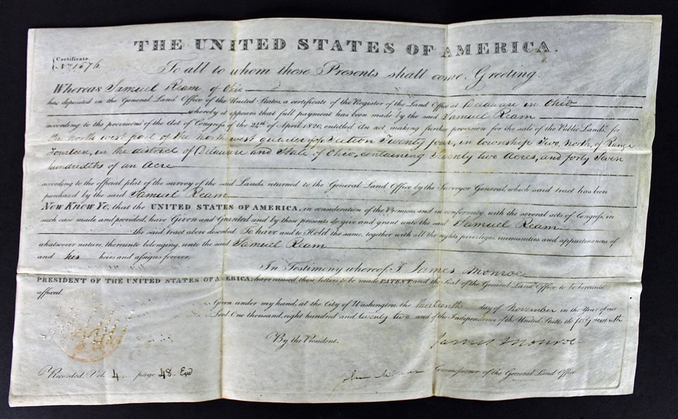 President James Monroe Signed 1822 Land Grant (PSA/DNA)