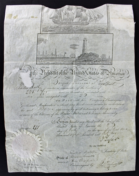 John Tyler Signed 1842 Ships Pass Document (PSA/DNA)