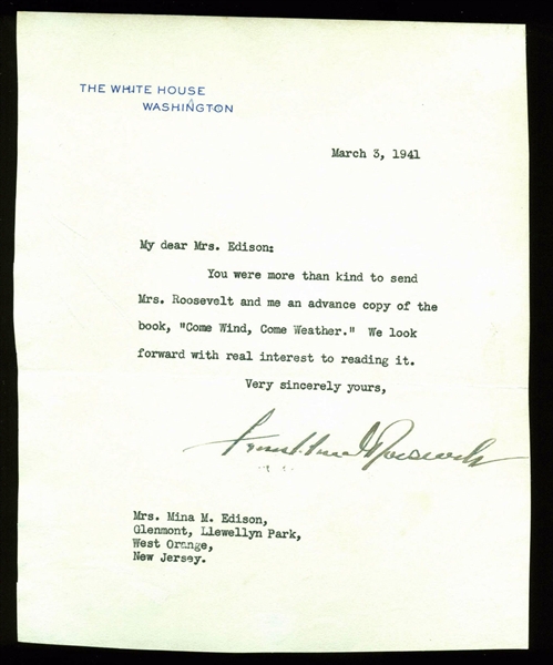 President Franklin D. Roosevelt Signed White House Letter as President (1941)(BAS/Beckett)