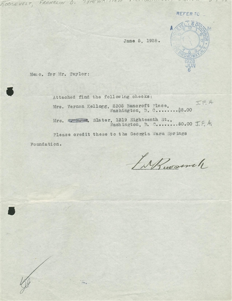 President Franklin D. Roosevelt Signed Early 1928 Typed Letter (Beckett)
