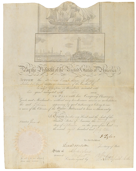 President John Tyler Signed 1842 Ships Pass Document (Beckett)