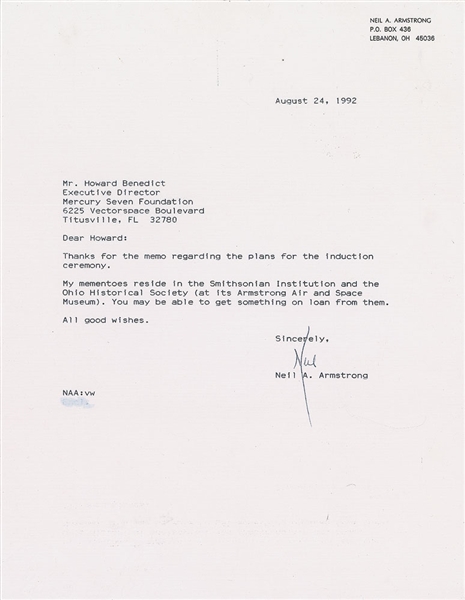 Apollo 11: Neil Armstrong Signed 8" x 11 Typed 1992 Letter (Beckett)