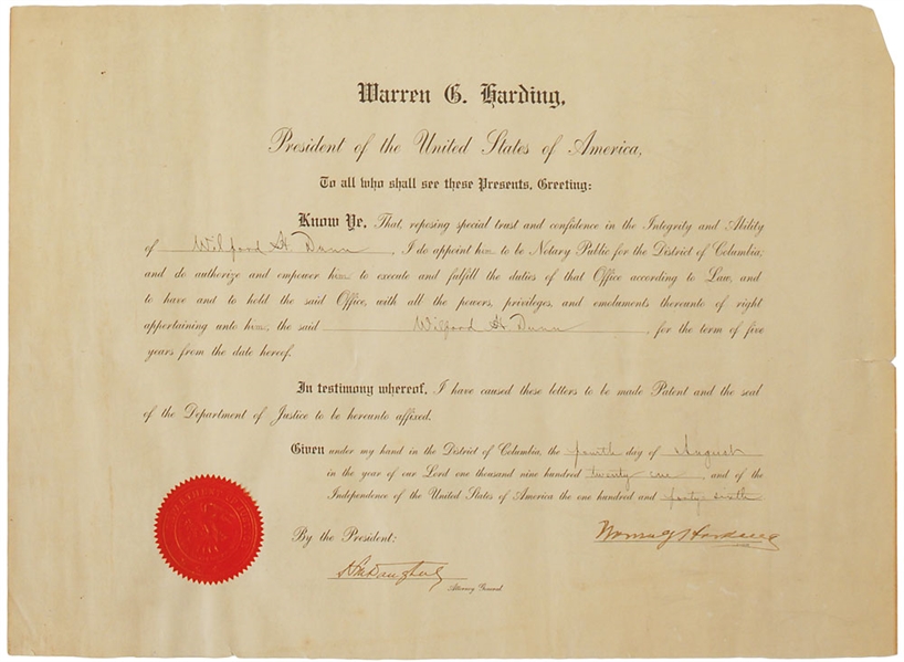 President Warren G. Harding Signed 1921 Appointment (Beckett/BAS Guaranteed)