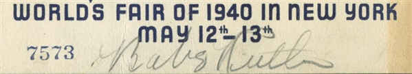 Babe Ruth Signed 1940 Worlds Fair 1" x 4" Ticket Segment (JSA)