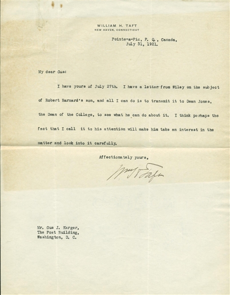 President William H. Taft Signed 1921 Typed Letter (Beckett/BAS Guaranteed)