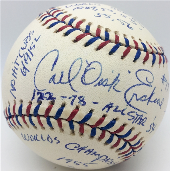 Carl Erskine Signed & Inscribed Personal Stat OML Baseball (Beckett)