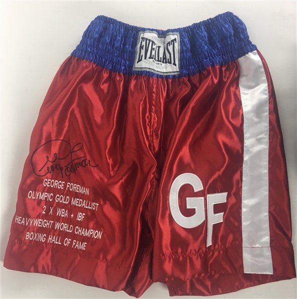 George Foreman Rare Signed Personal Model Stat Boxing Trunks (Beckett)