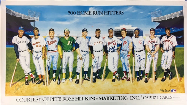 500 Home Run Club Signed Ron Lewis Art Poster (11 Sigs) w/Mantle, Williams, etc (JSA)