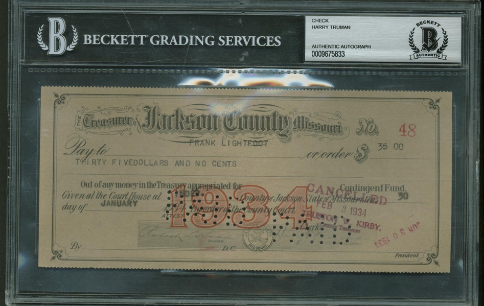 President Harry Turman Signed 1934 Bank Check (Beckett)